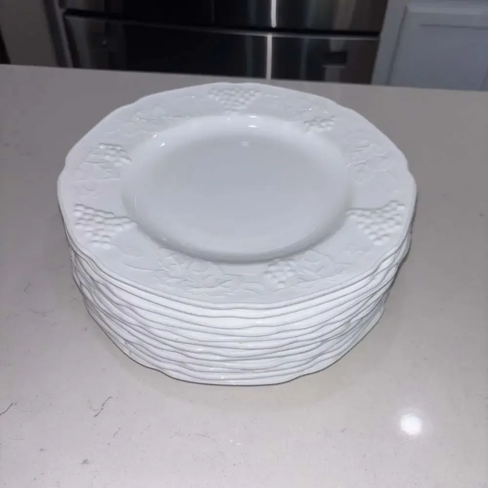 Vintage Indiana Glass Colony Harvest Grape White Milk Glass Dinner Plates (12)